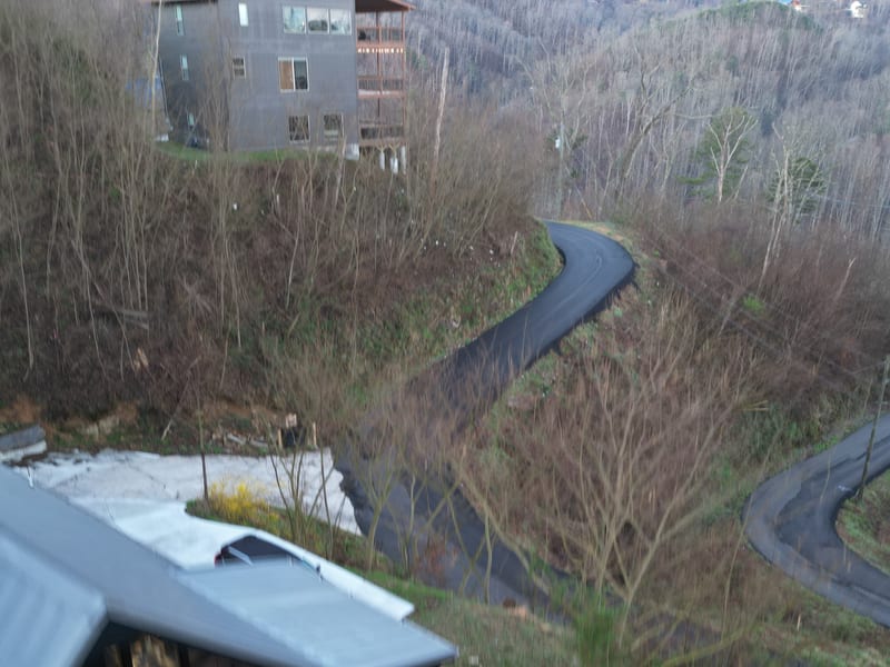 Looking out from above the cabin across the wooded hillside setting