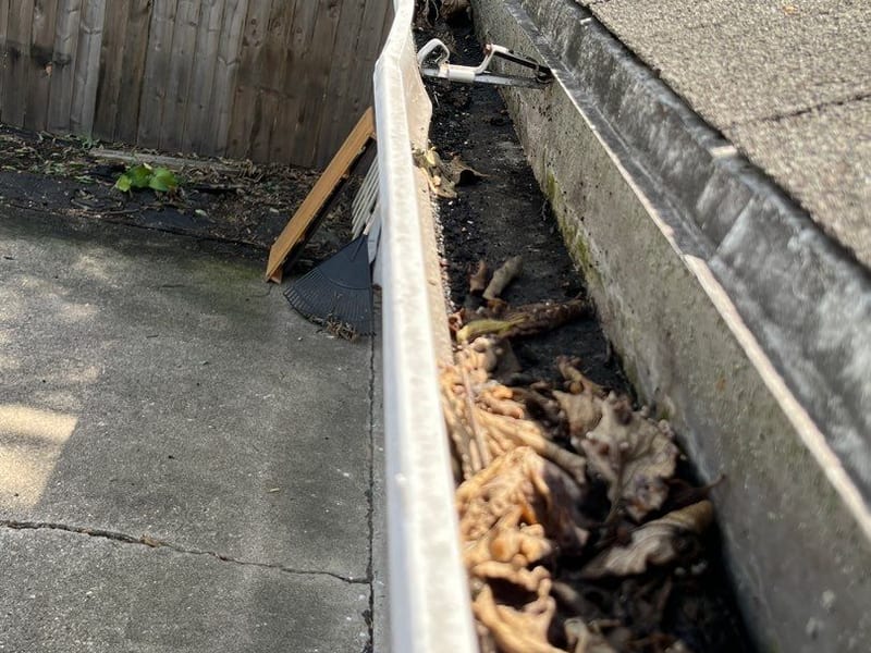Gutter packed completely full of dried leaves and debris, pulling away from the roofline of a one-story home