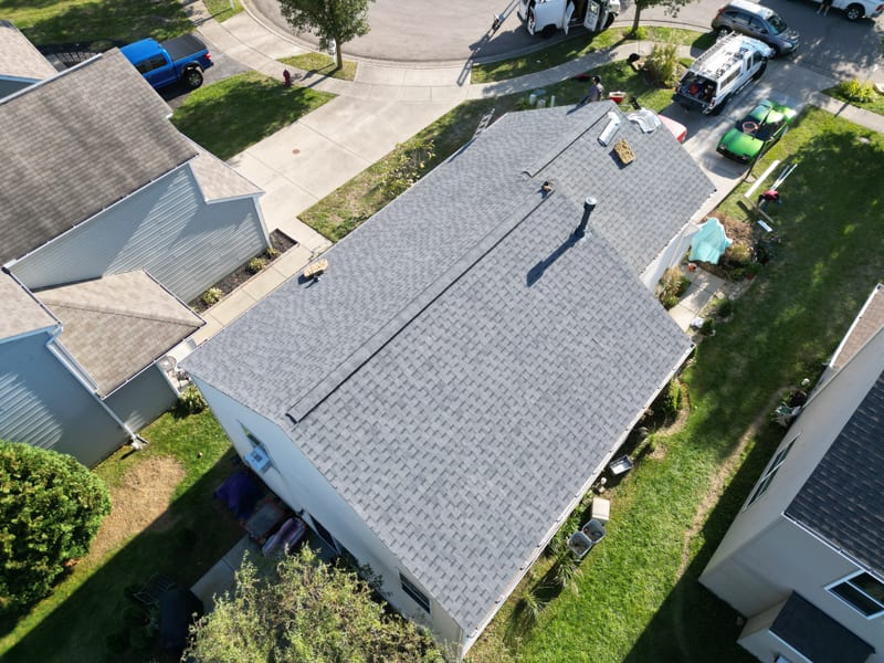 Straight-down view of the completed roof, framed to match the bare-deck shot