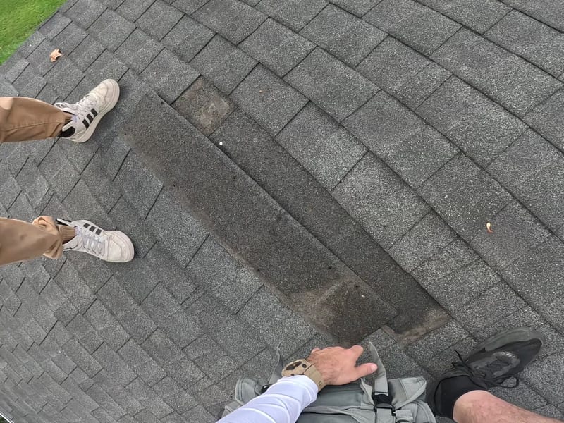 Looking down a gray asphalt shingle roof at a long strip of wind-torn, missing shingles beside the exposed area during inspection