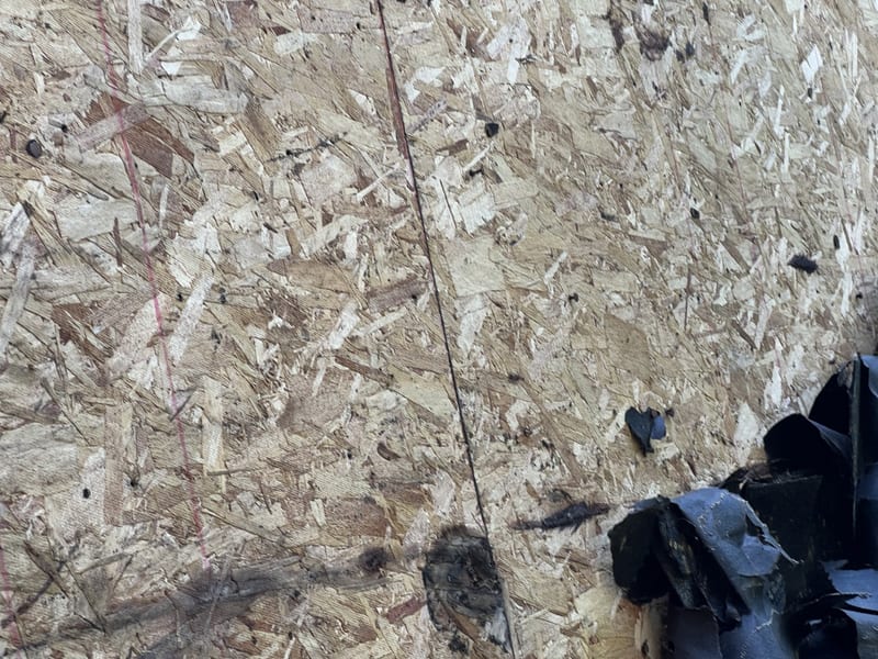 Close-up of bare OSB roof decking with old black asphalt residue stuck to the strands and torn roll roofing at the right edge