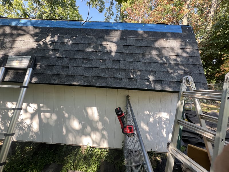 New charcoal architectural shingles run up the shed's roof slope, blue synthetic underlayment still exposed along the top edge