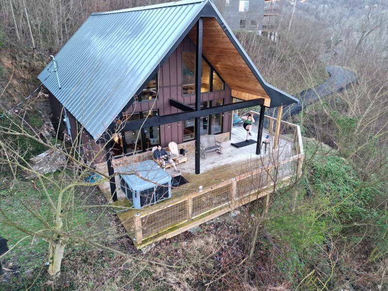 A-frame cabin with standing seam metal roof