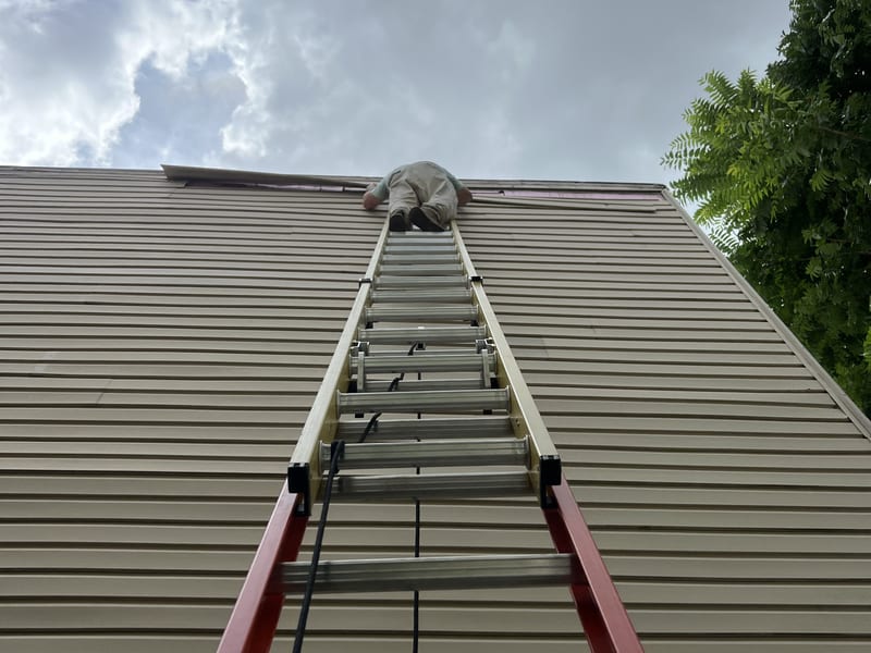 The full ladder run from the ground as the replacement piece goes back into the course