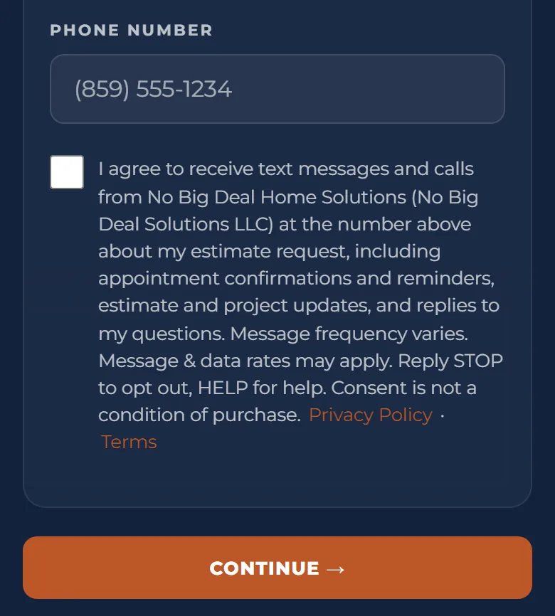 The instant estimate form on a phone: the Phone Number field, the unchecked text-message consent box with its full wording and Privacy Policy and Terms links, and the Continue button.