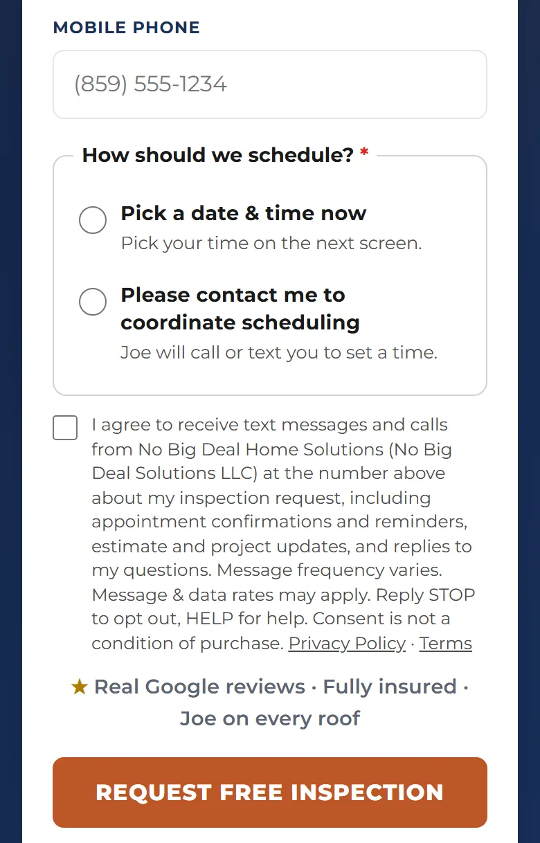 The free inspection form on a phone: the Mobile phone field, the scheduling choice, the unchecked text-message consent box with its full wording and Privacy Policy and Terms links, and the Request Free Inspection button.