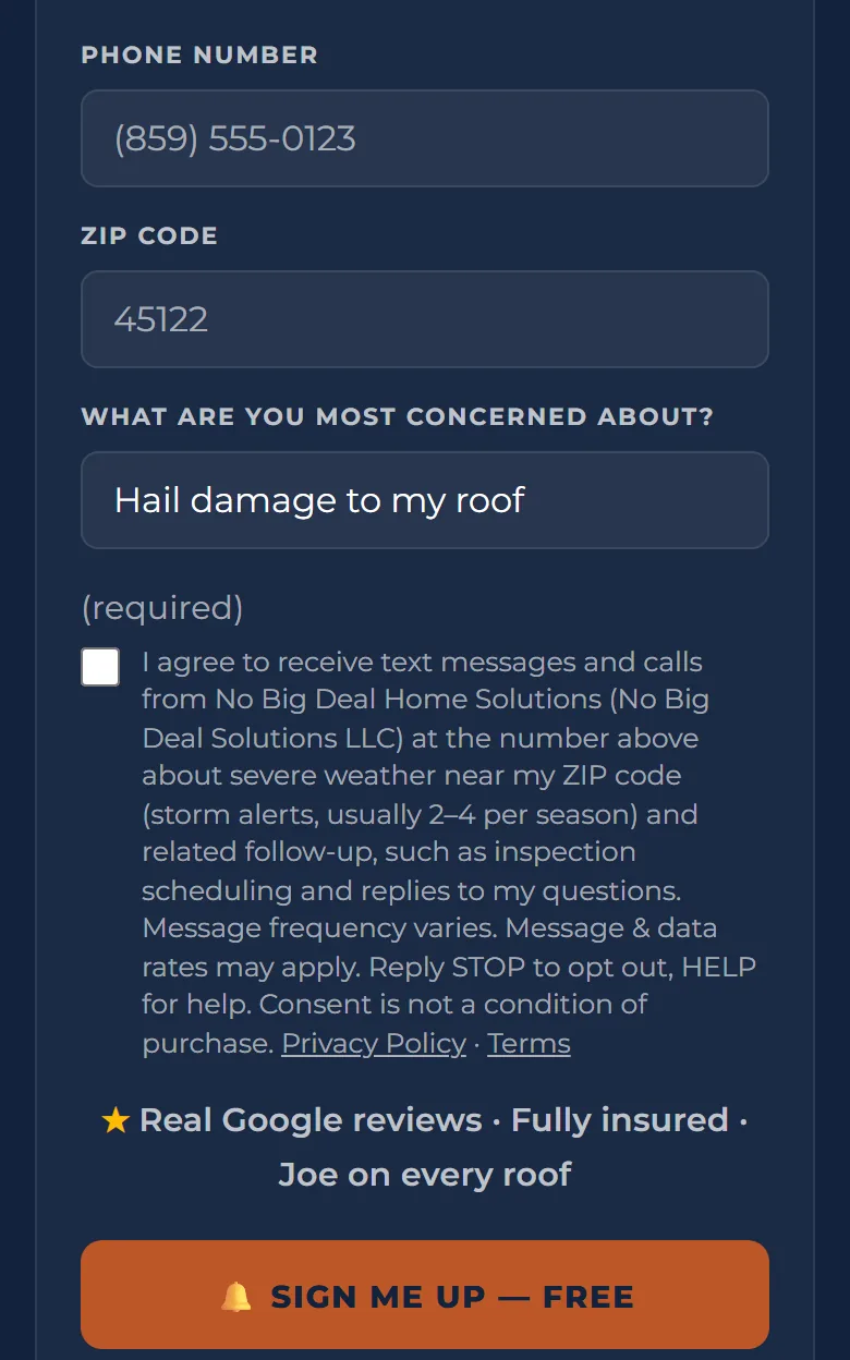 The Storm Alerts signup form on a phone: the Phone Number, ZIP code and concern fields, the unchecked text-message consent box marked required with its full wording and Privacy Policy and Terms links, and the Sign Me Up button.